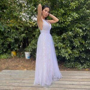 NWT Honey Qiao White Lace Plunge Gown Fairycore Elopement Wedding Dress Sz S